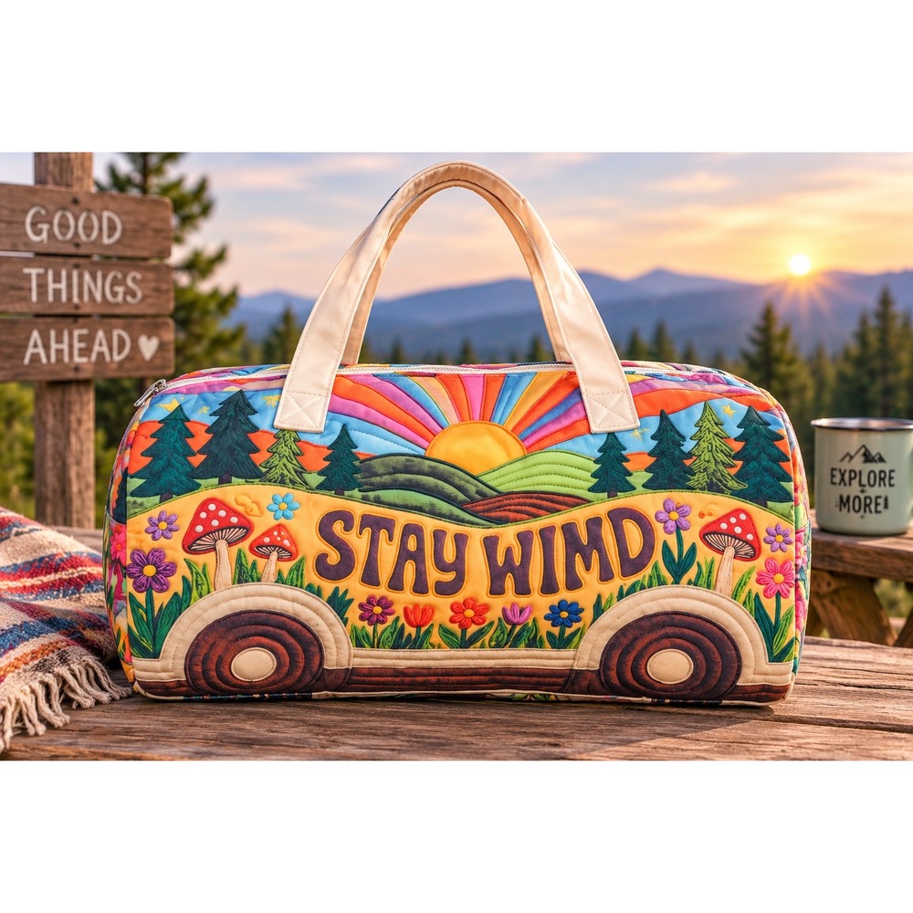 NEW Stay Wild Retro Camper Quilted Weekender Duffle Bag Mushroom Boho Hippie